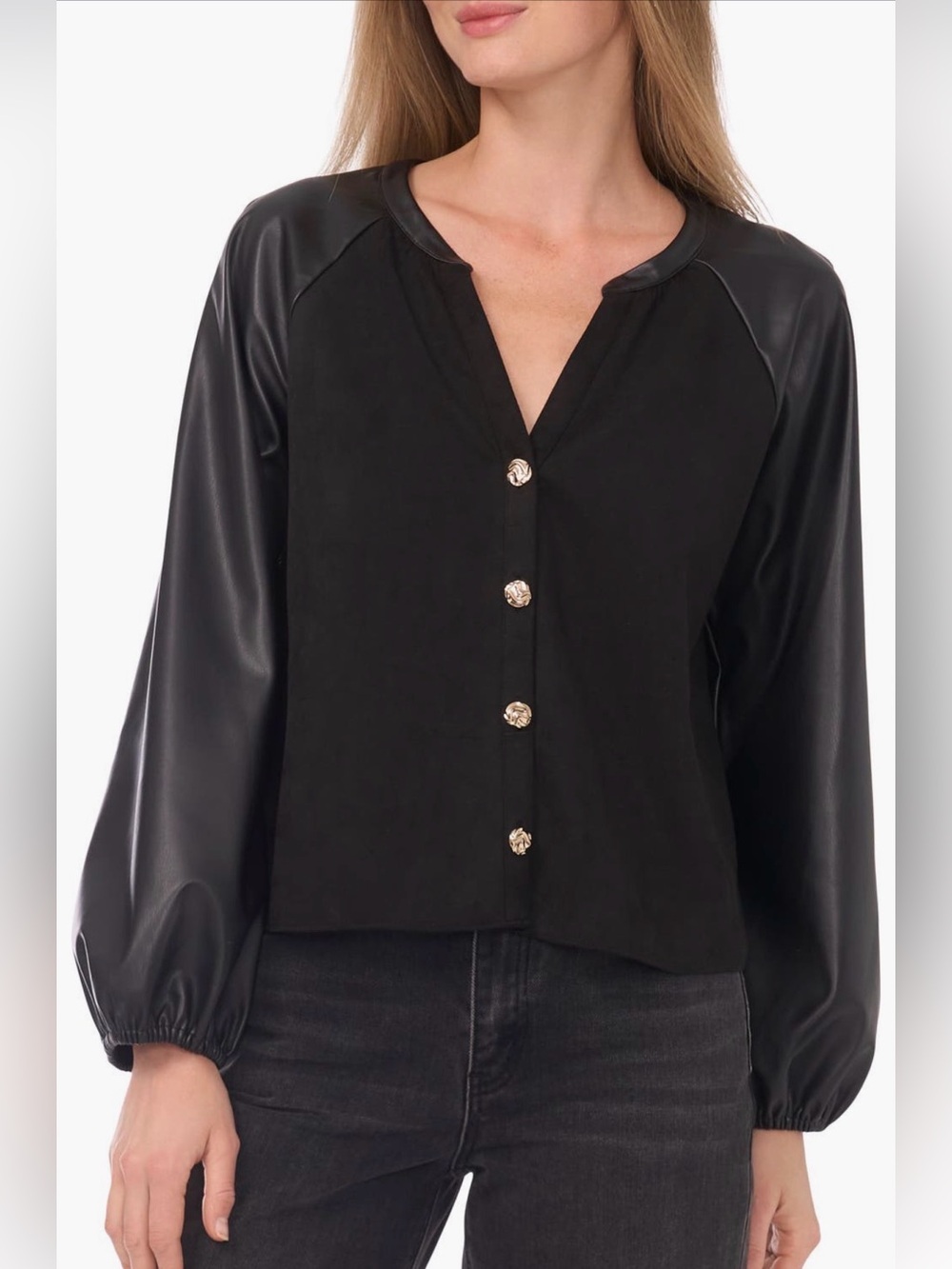 Parker Black Faux Leather Sleeve Button Front Top Cropped Long Sleeve Revolve S